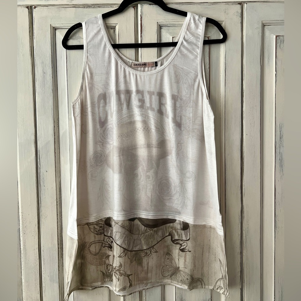 🟠NWT ORIGAMI Tank W/Sheer Fabric Detail “Cowgirl” in Cream